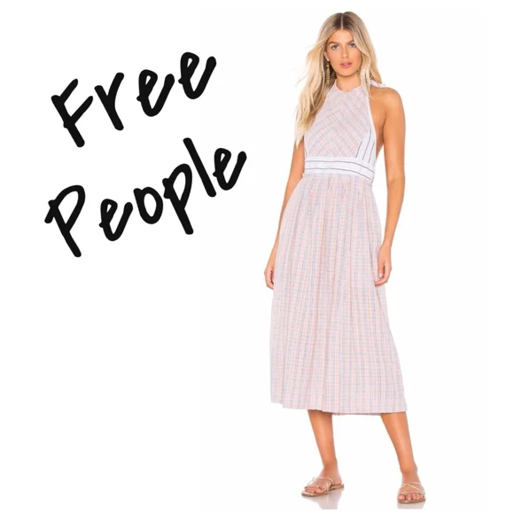 Free People Color Theory Pink, Blue Stripe Midi Dress w/ Open Tie Ribbon  Back XS
